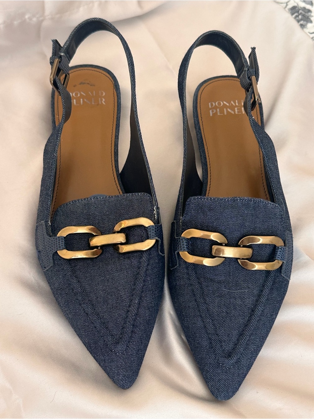 Donald J. Pliner Denim Pointed Slingback Mules with Gold Chain
